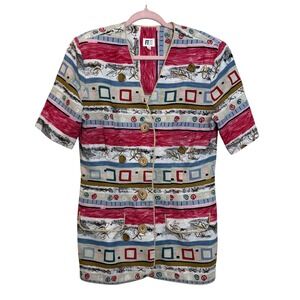 Vintage 80s FTLTD Colorful Patterned Button Flax Shirt Top Women's Large Striped